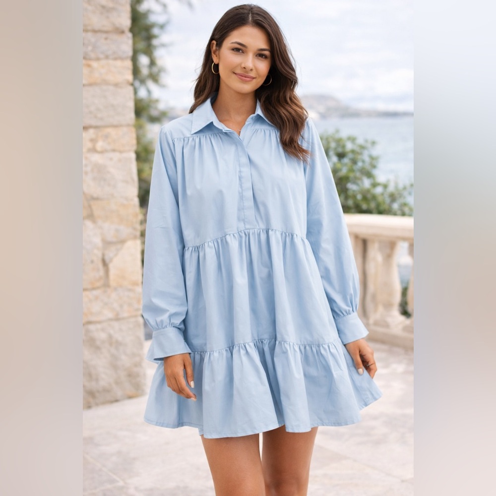 Persimmon Main Label Blue Tiered Poplin Shirt Dress Oversized L XL Cottagecore